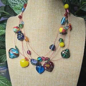 Colorful Multistrand Glass And Acrylic Beads On Wire Necklace
